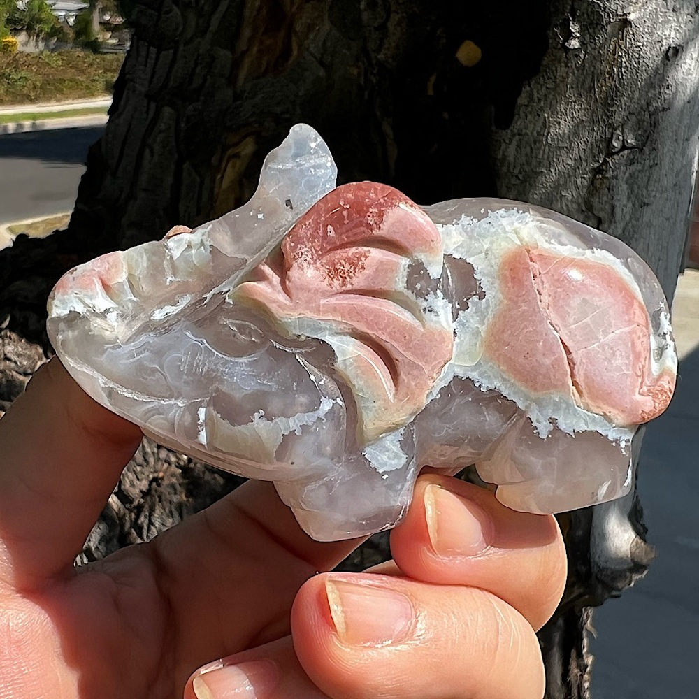 Flower Agate Elephant Carving - Sakura Agate